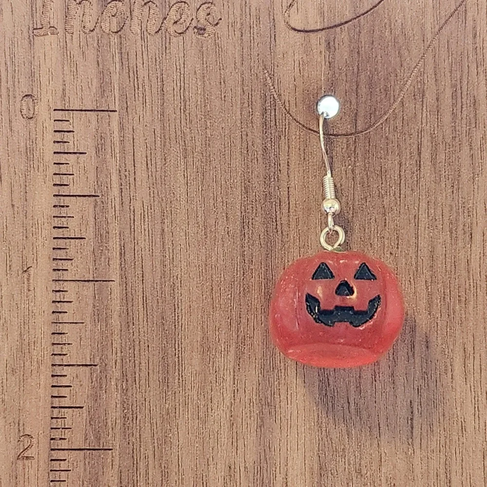 Handmade Halloween Jack-O-Lantern Pumpkin Resin Drop Earrings Orange Silver Tone